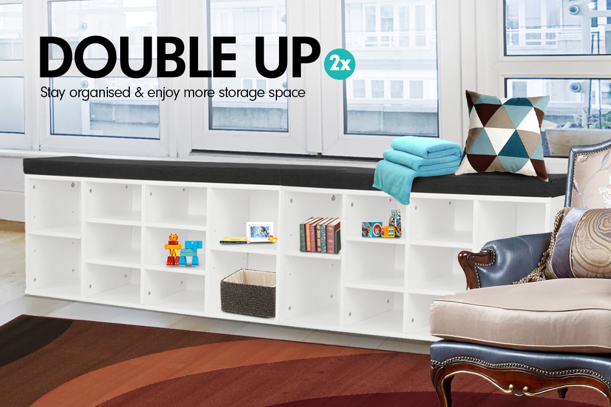 Shoe Rack Cabinet Organiser Black Cushion - 104 x 30 x 48 - White