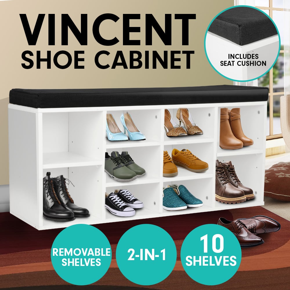 Shoe Rack Cabinet Organiser Black Cushion - 104 x 30 x 48 - White