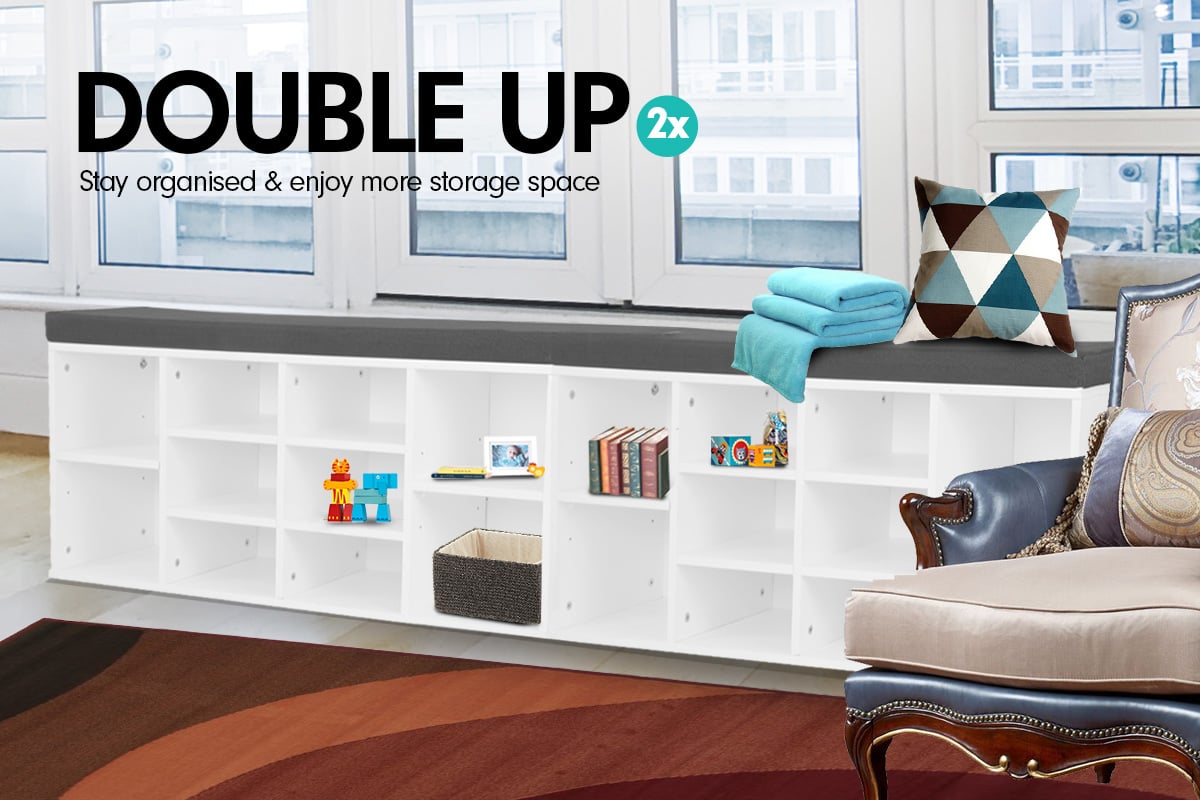 Shoe Rack Cabinet Organiser Grey Cushion - 104 x 30 x 45 - White