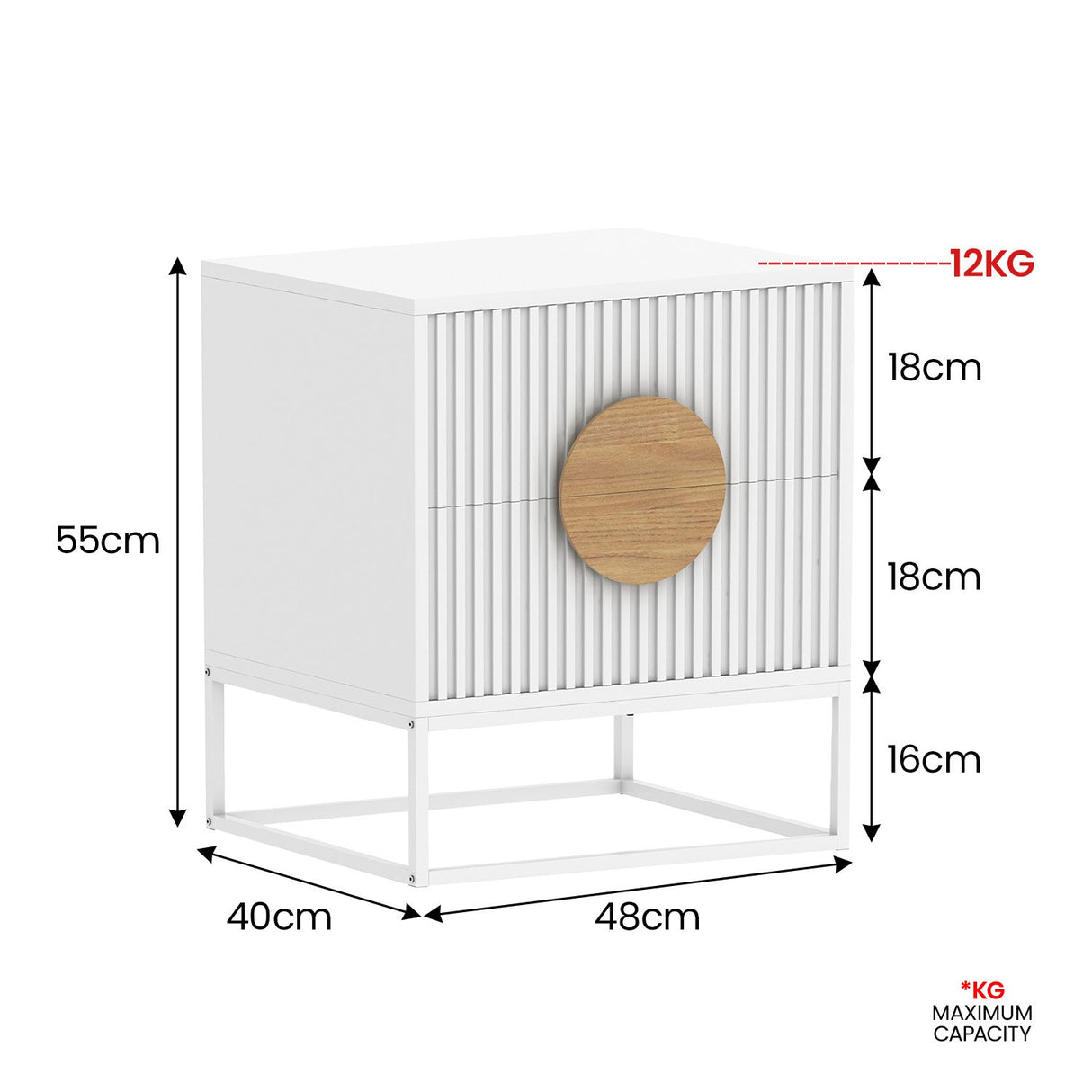 Sarantino Silvia Bedside Table with 2 Drawers - White