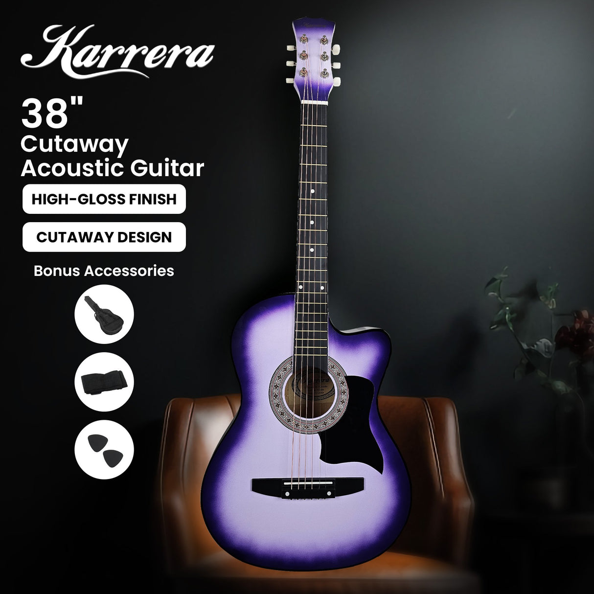 Karrera 38in Cutaway Acoustic Guitar with Carry Bag - Purple Burst