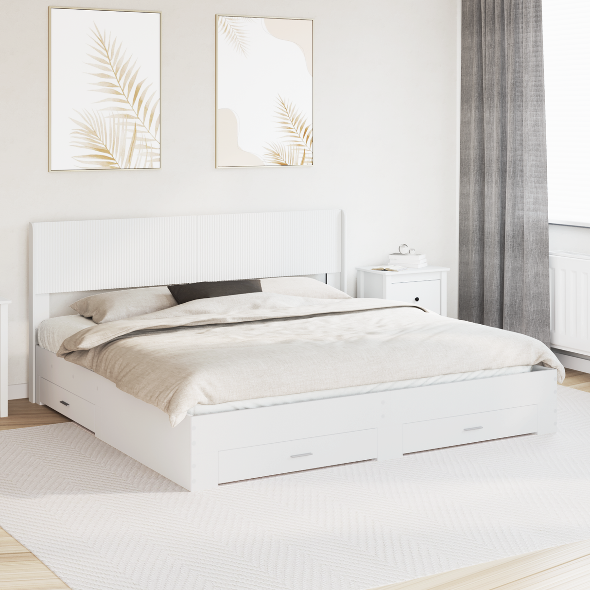 Bed Frame with Storage and Headboard White Engineered Wood