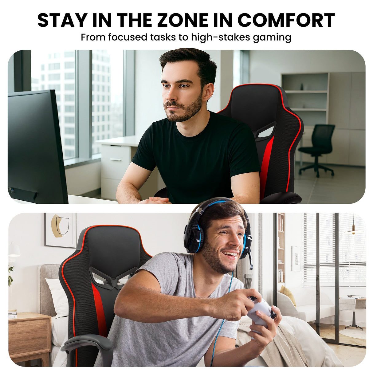 Sarantino Fayzo Reclining Office Gaming Chair Black Red Seat Adjustable Height Breathable Mesh