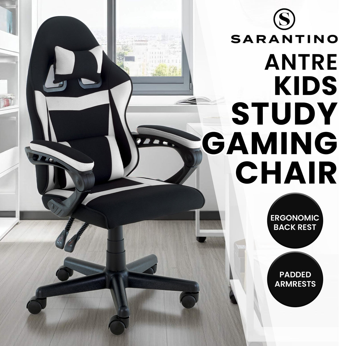 Sarantino Antre Kids Study Gaming Chair Black White Computer Seat Adjustable Height Ergonomic S