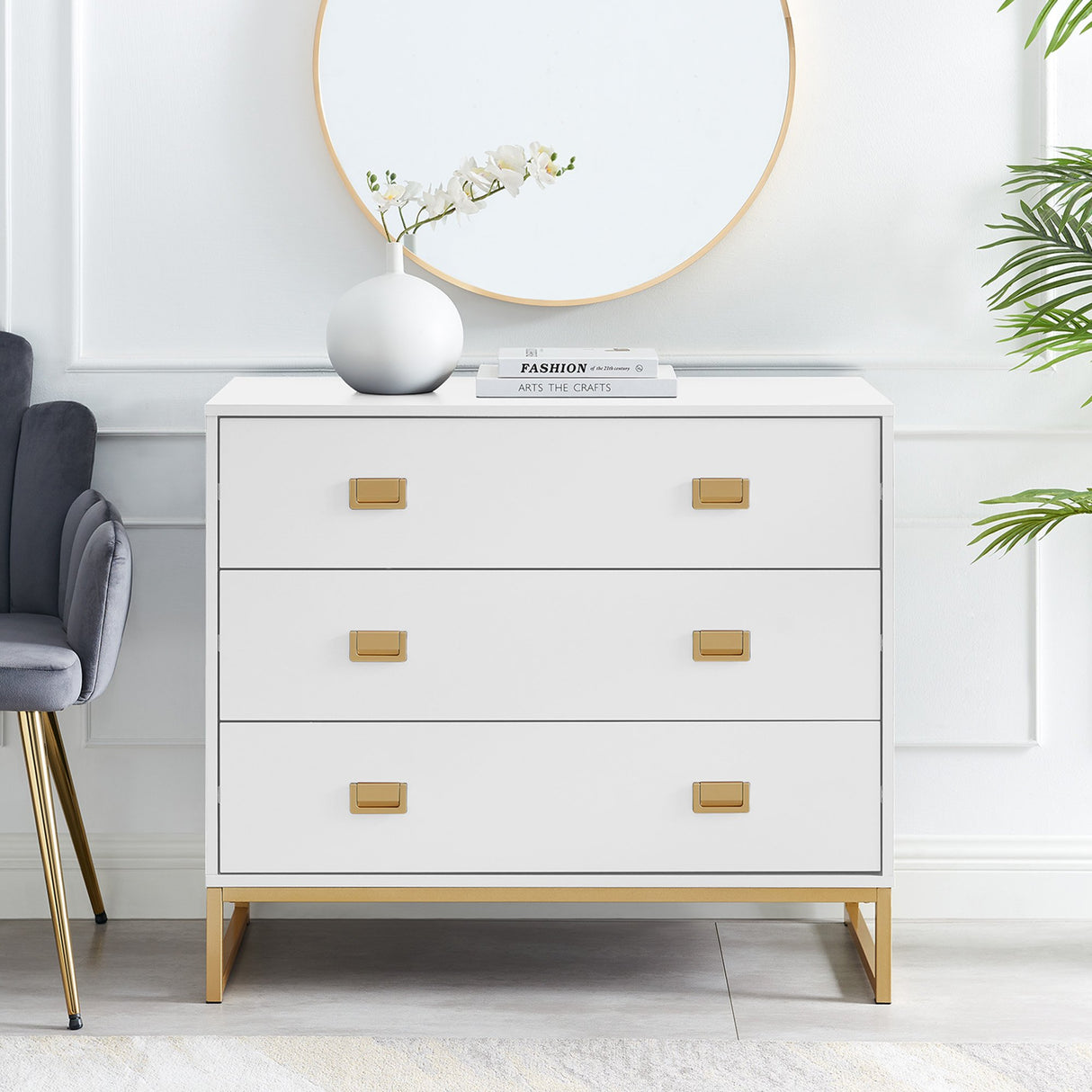 Sarantino Amara Chest of Drawers Tallboy Dresser in White/Gold