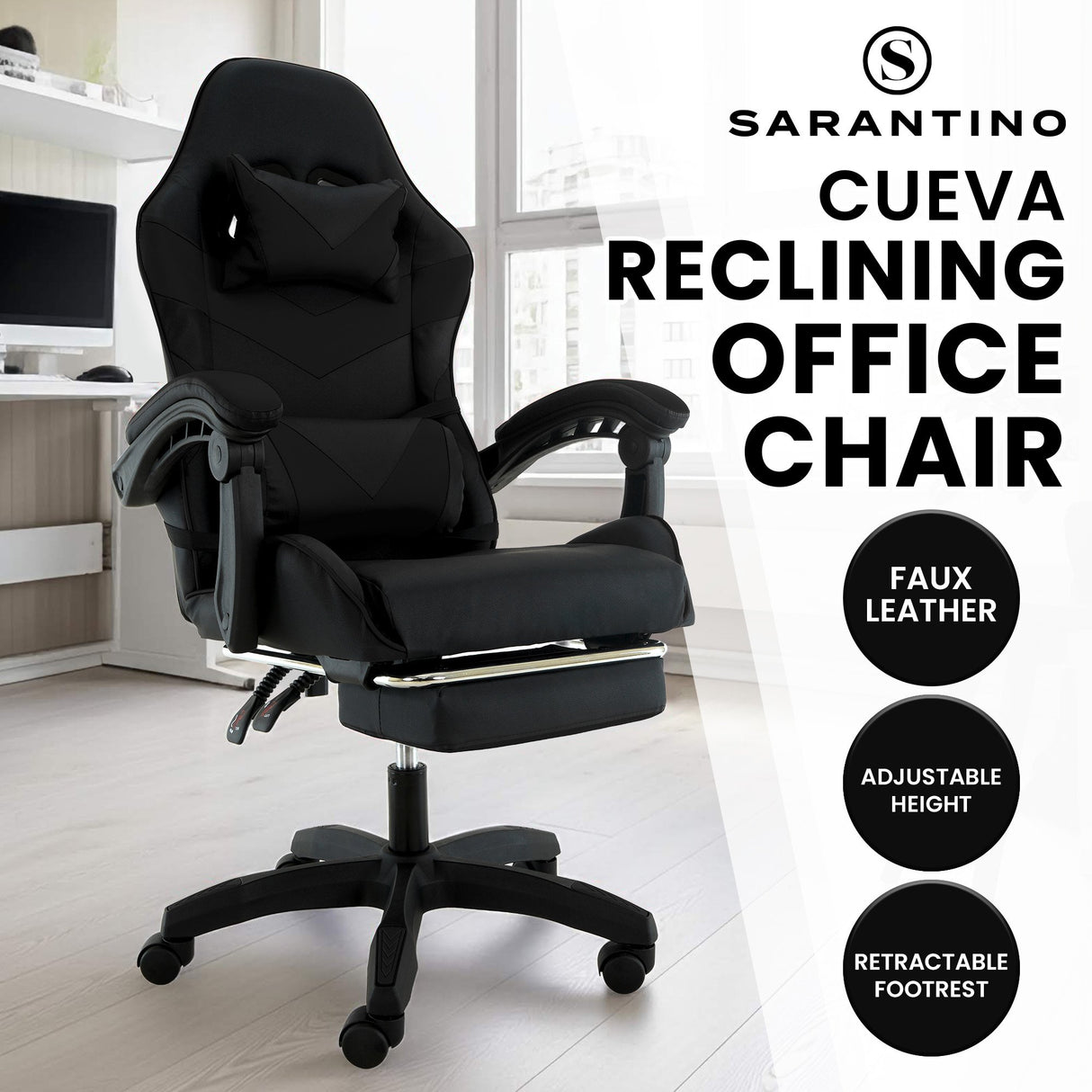 Sarantino Cueva Reclining High Back Office Gaming Chair Black Retractable Footrest Computer Sea
