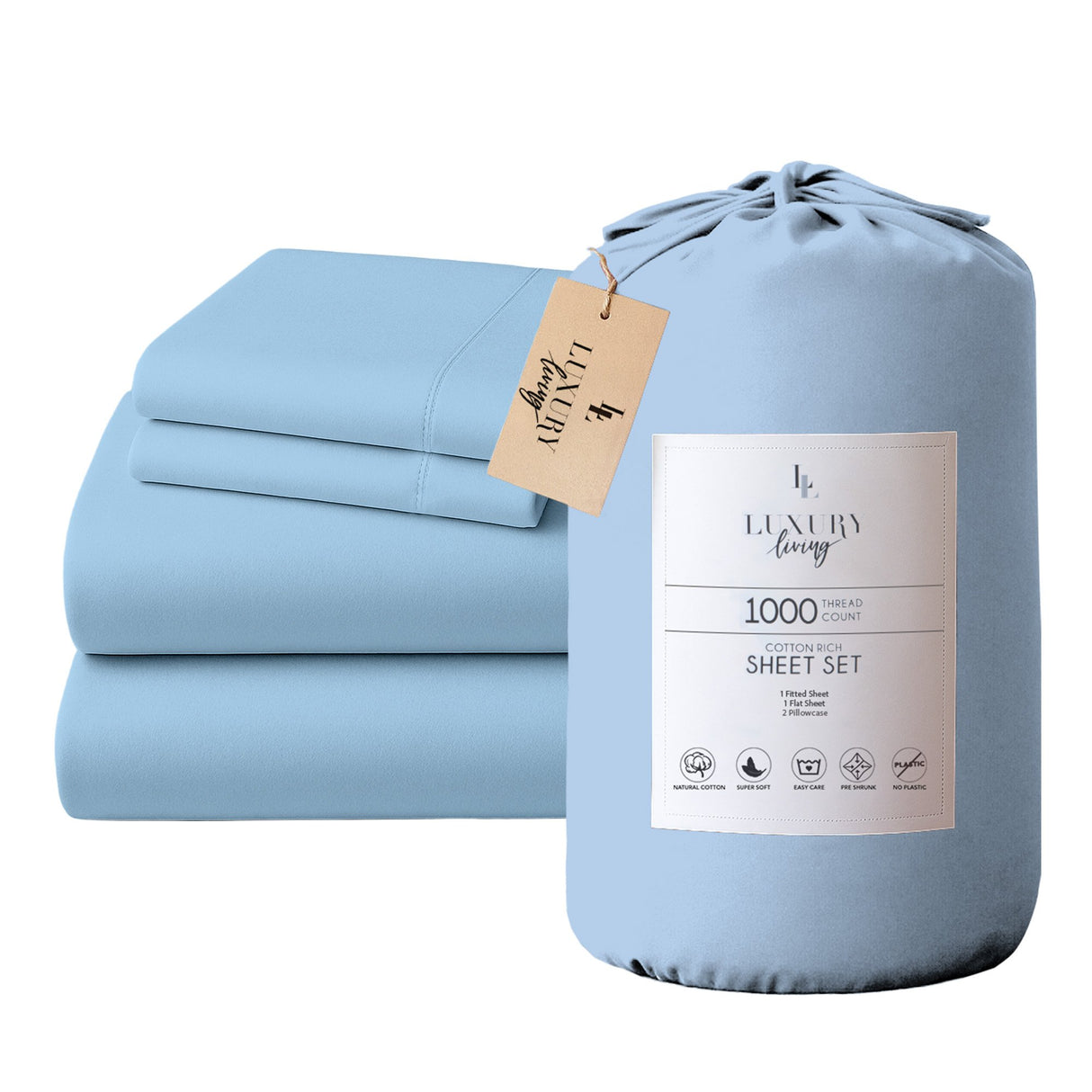 4pc 1000 Thread Count Cotton Rich King Bed Sheet Gift Pack CVC Microfibre Blend in Blue