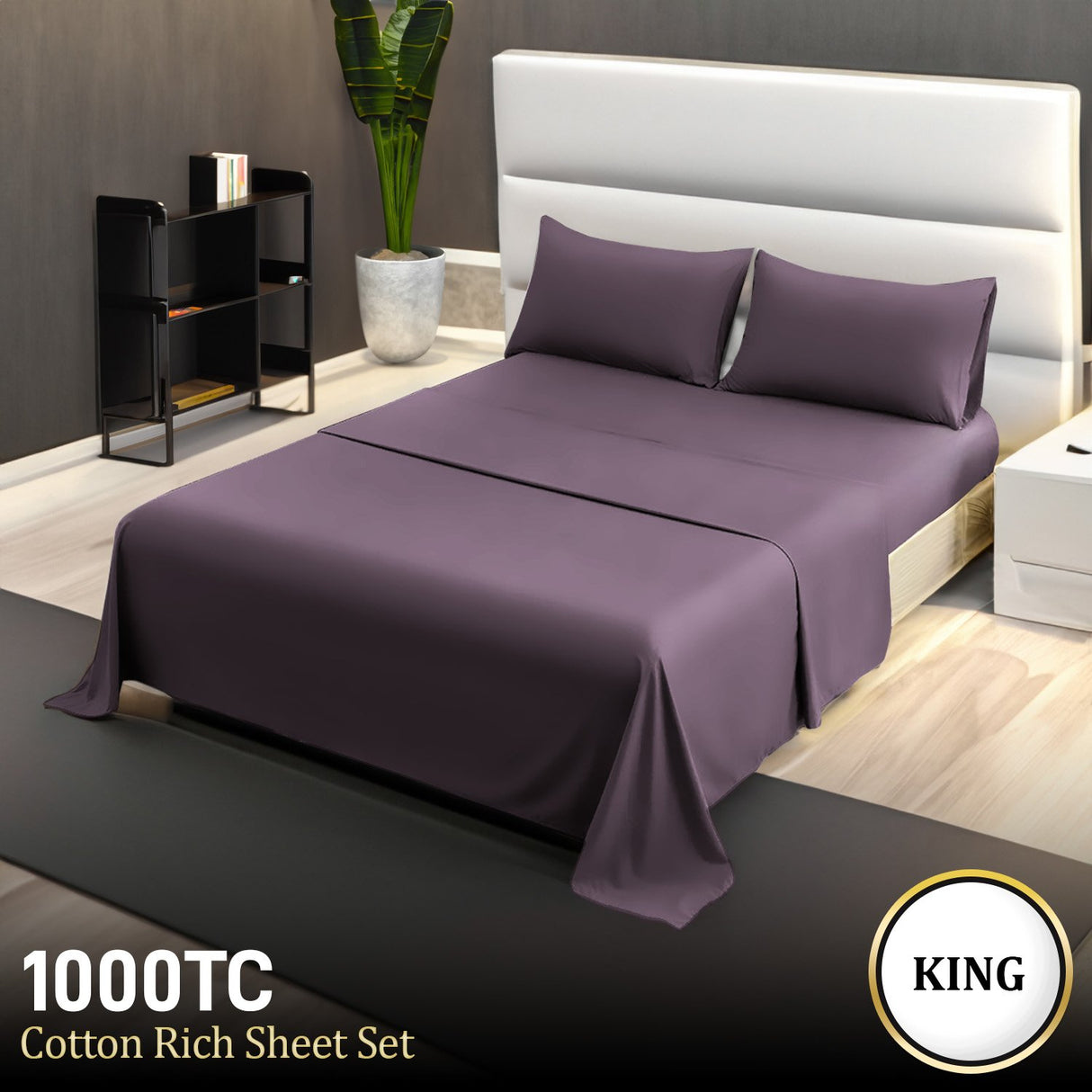 4pc 1000 Thread Count Cotton Rich King Bed Sheet Gift Pack CVC Microfibre Blend in Lilac