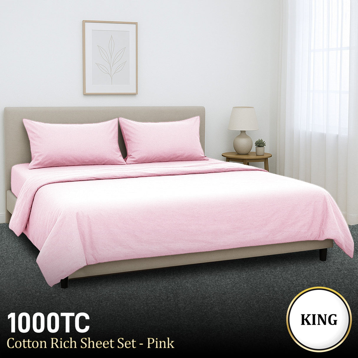 4pc 1000 Thread Count Cotton Rich King Bed Sheet Gift Pack CVC Microfibre Blend in Pink