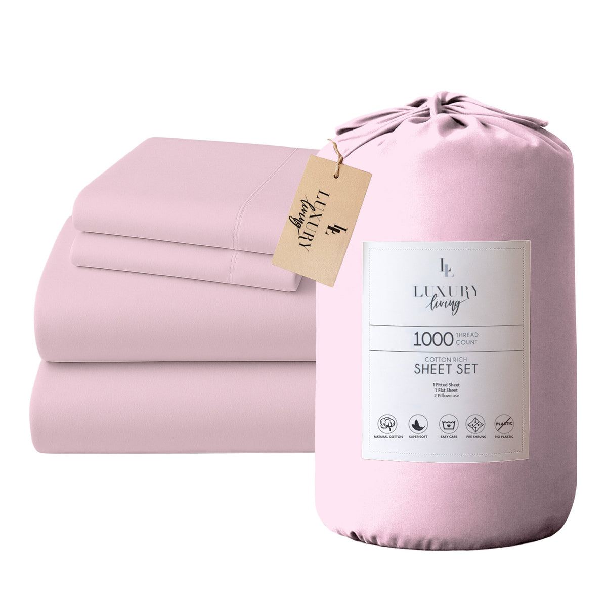 4pc 1000 Thread Count Cotton Rich King Bed Sheet Gift Pack CVC Microfibre Blend in Pink