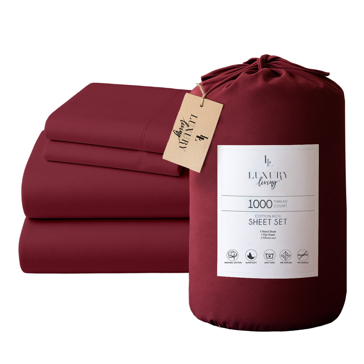 4pc 1000 Thread Count Cotton Rich Queen Bed Sheet Gift Pack CVC Microfibre Blend in Burgundy