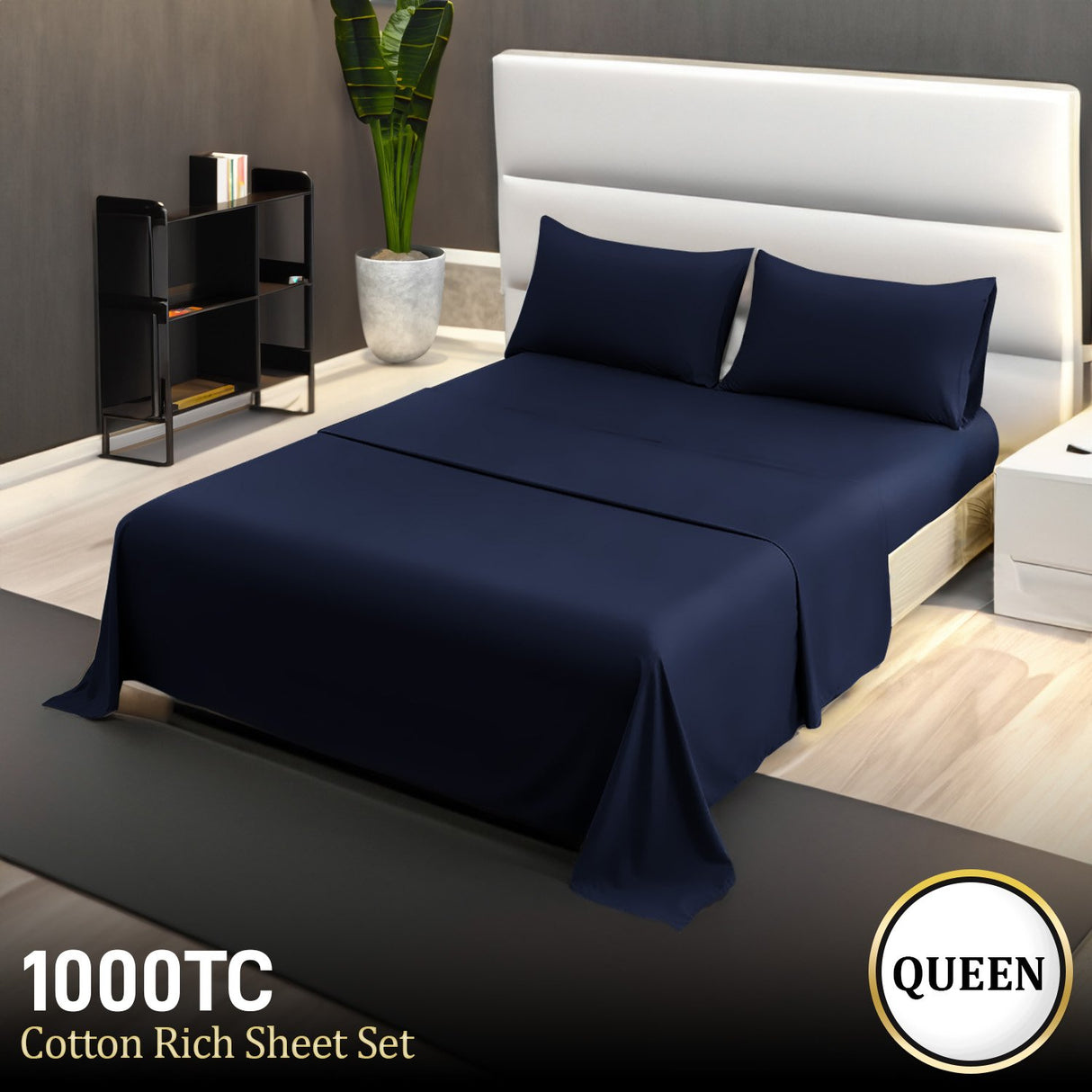 4pc 1000 Thread Count Cotton Rich Queen Bed Sheet Gift Pack CVC Microfibre Blend in Navy