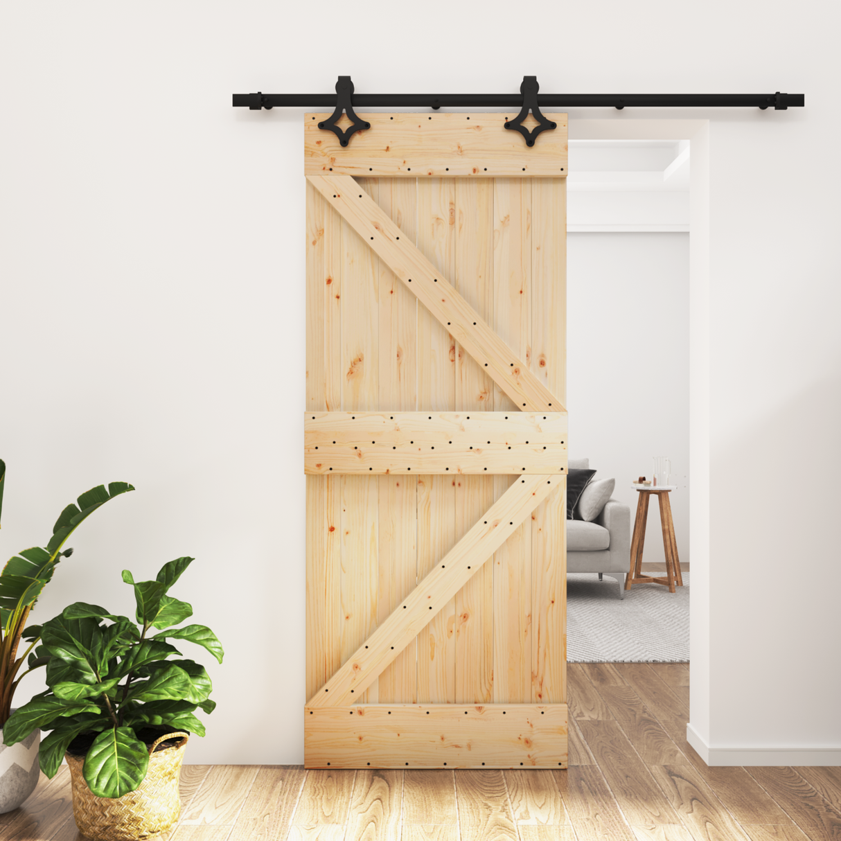 Sliding Door Natural and Black 85 x 210 cm Solid Pine Wood