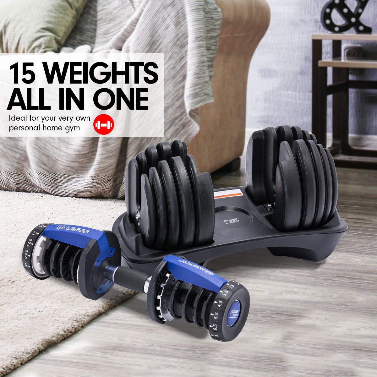 Powertrain 48kg Adjustable Dumbbell Set Home Gym Exercise Equipment Weights Blue