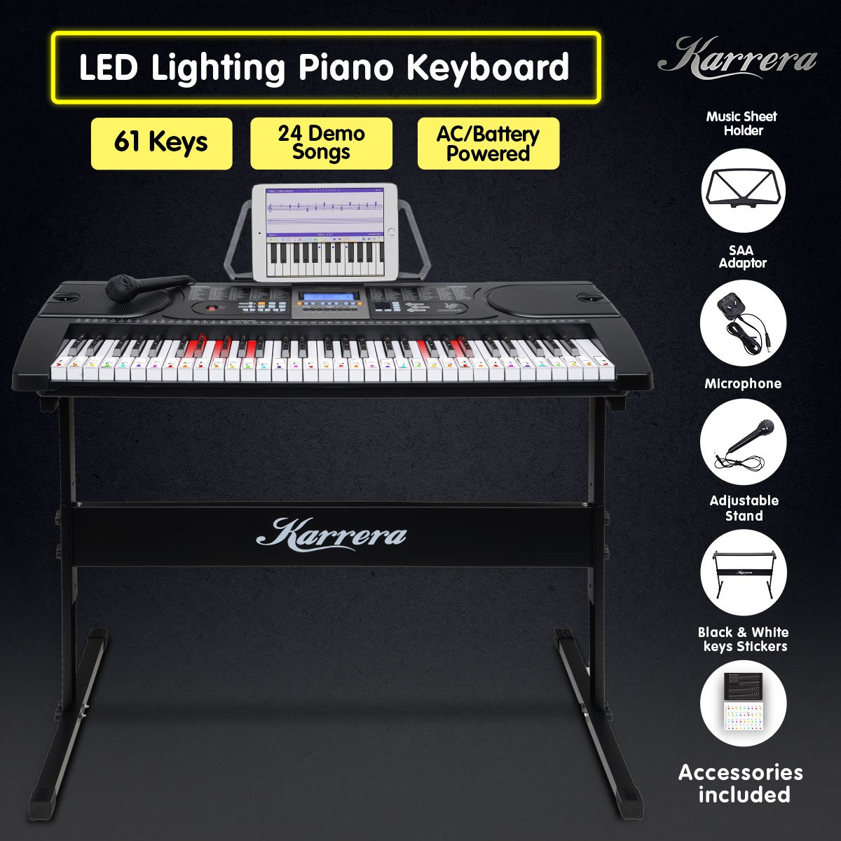 Karrera 61-Keys Electronic LED Keyboard Piano with Stand - Black