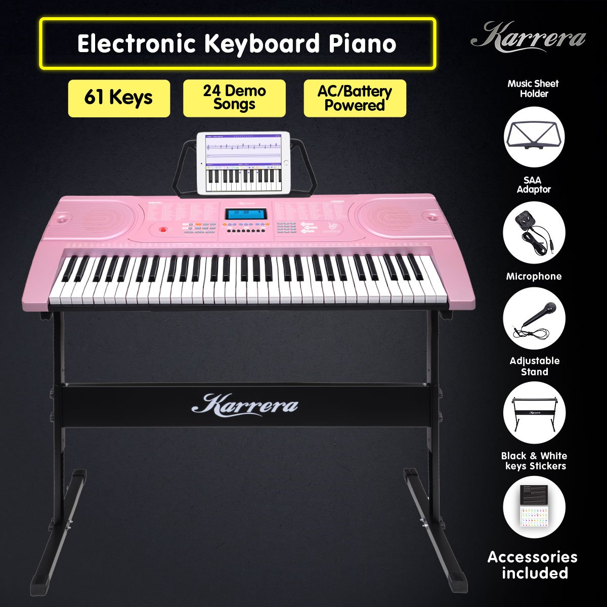 Karrera 61-Key Electronic Keyboard Piano Music with Stand - Pink