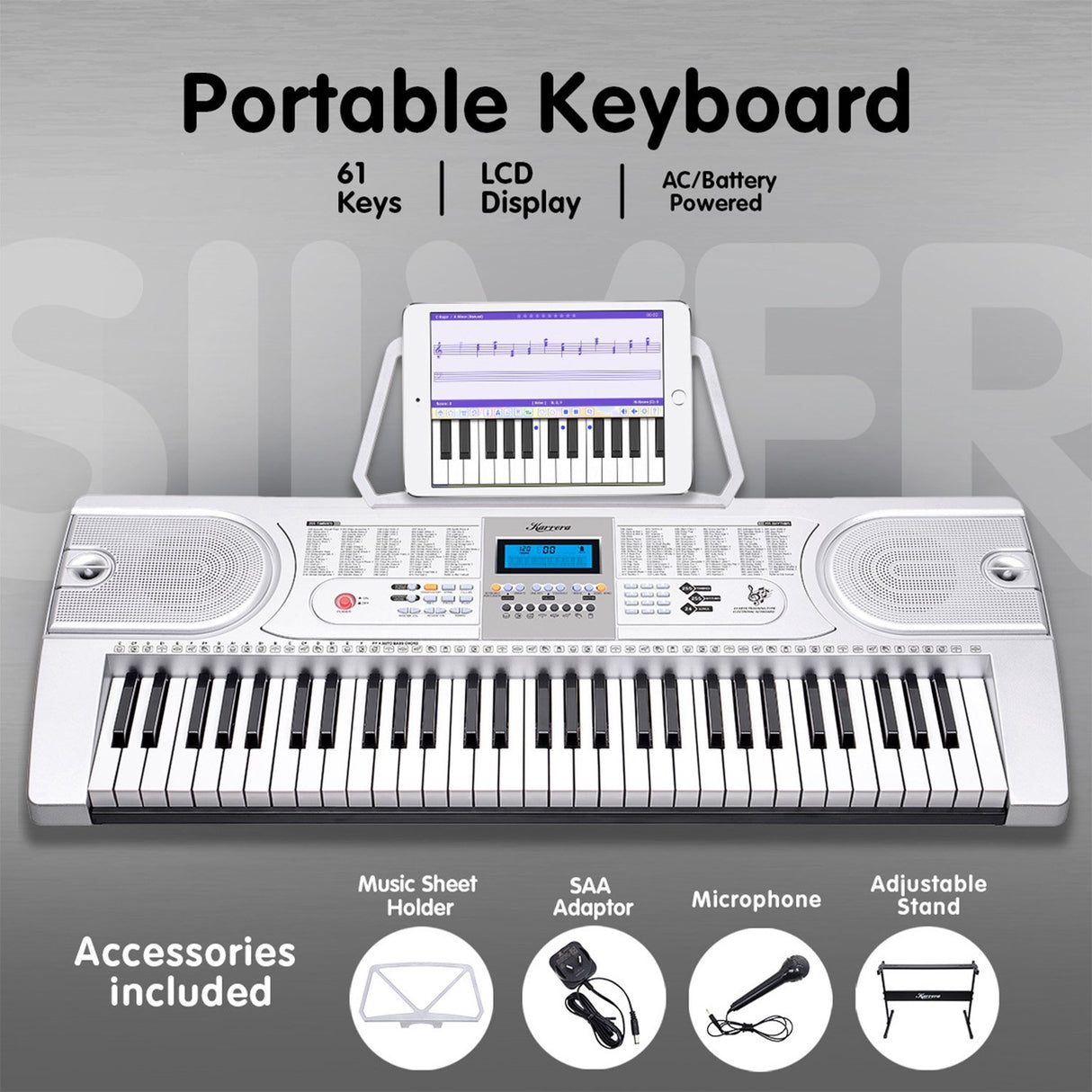 Karrera 61 Keys Electronic Keyboard Teaching Piano with Electric Stand in Silver CHJ-61