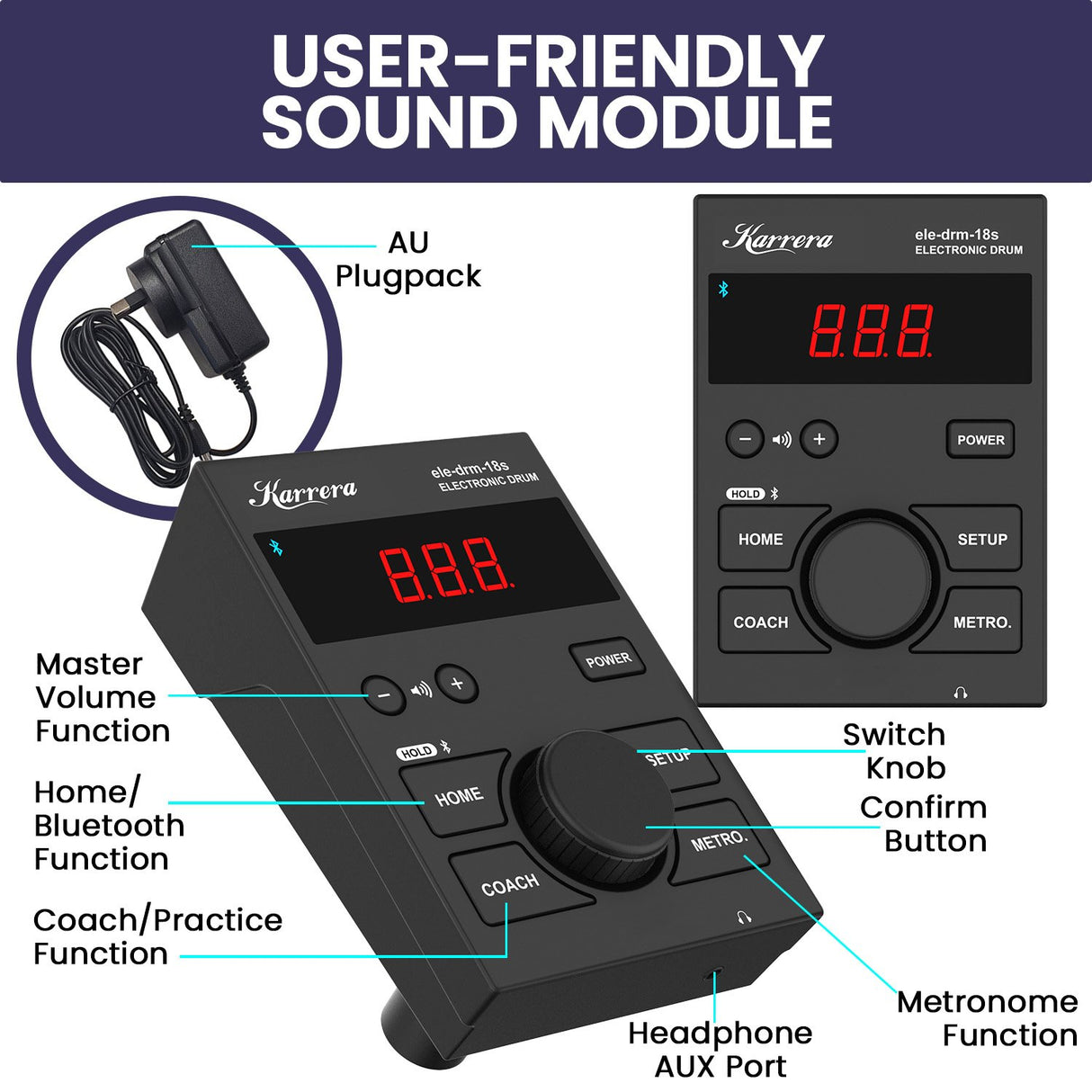 Karrera 18S Electronic Drum Kit Mesh Pads 8in Snare Bluetooth Sounds USB/MIDI Output Kick Pedal