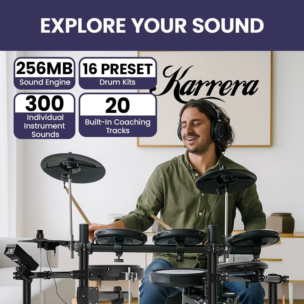 Karrera 18S Electronic Drum Kit Mesh Pads 8in Snare Bluetooth Sounds USB/MIDI Output Kick Pedal