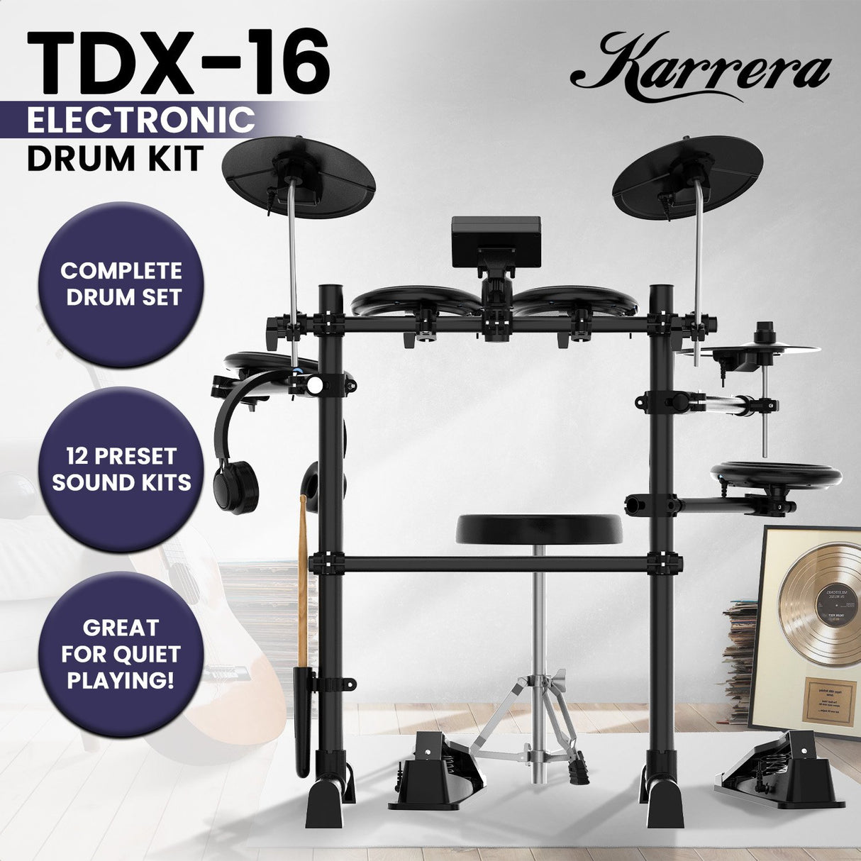 Karrera TDX-16 Electronic Drum Kit with LCD, Toms, Snares Quiet Mesh Pads & Pedals, Adjustable