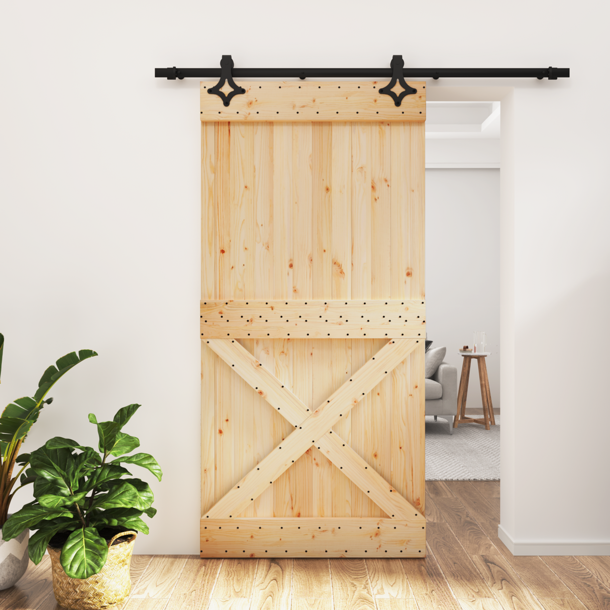 Sliding Door Natural and Black 100 x 210 cm Solid Pine Wood