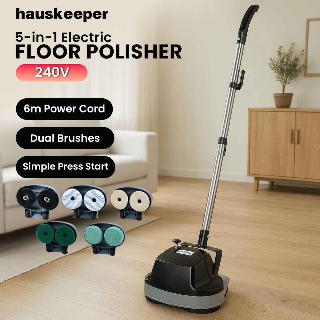 Hauskeeper GEN2 5 in 1 Electric Floor Polisher 6M Power Cable Timber Hard Waxer Buffer Cleaner