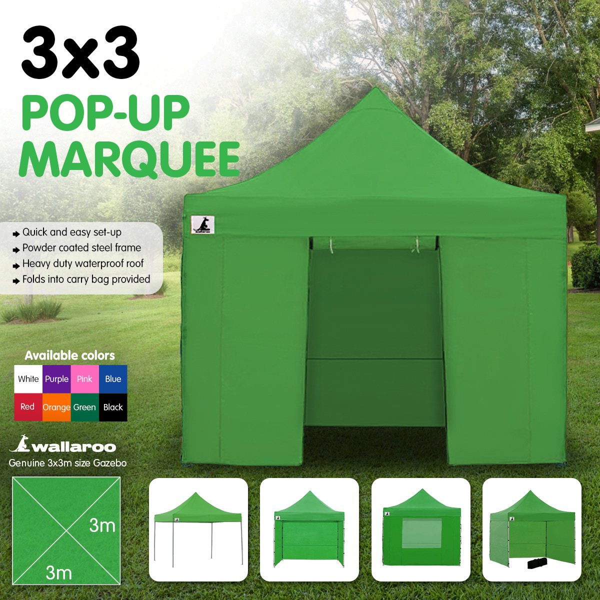 Wallaroo 3x3 PopUp Green Gazebo Marquee Outdoor Tent
