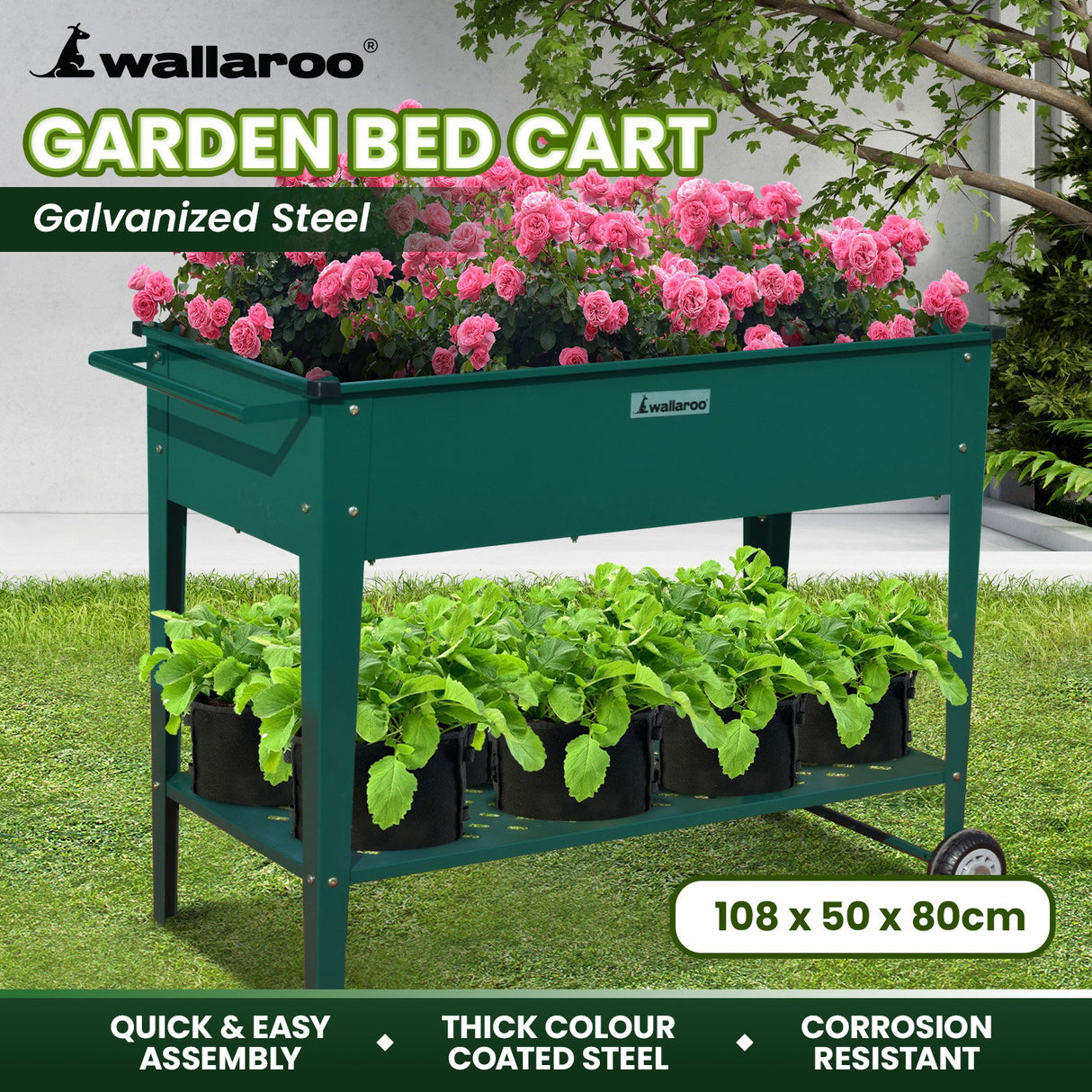 Wallaroo Garden Bed Cart Raised 108.5 x 50.5 x 80cm Steel - Green