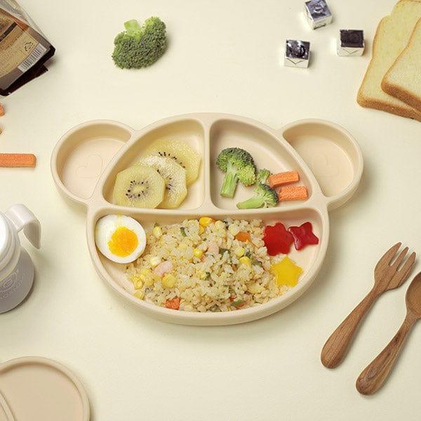 Grosmimi Bear Silicone Suction Food Plate with Silicone Lid Oatmeal-2006733468058390528
