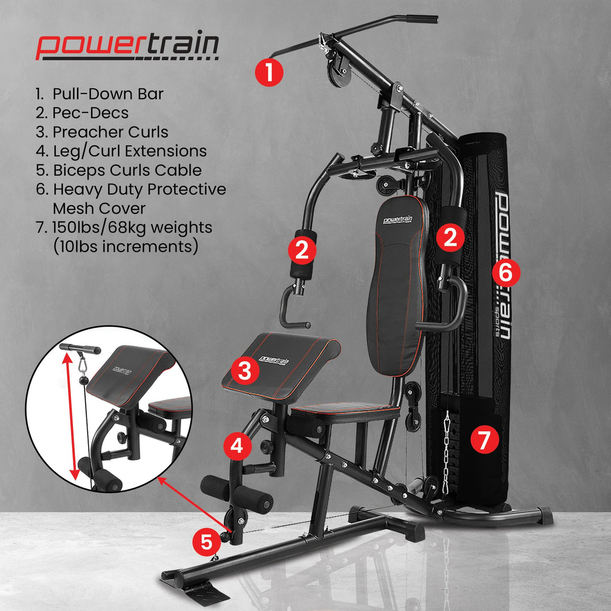 Powertrain Multi Station Home Gym with 68kg Weights Preacher Curl Pad