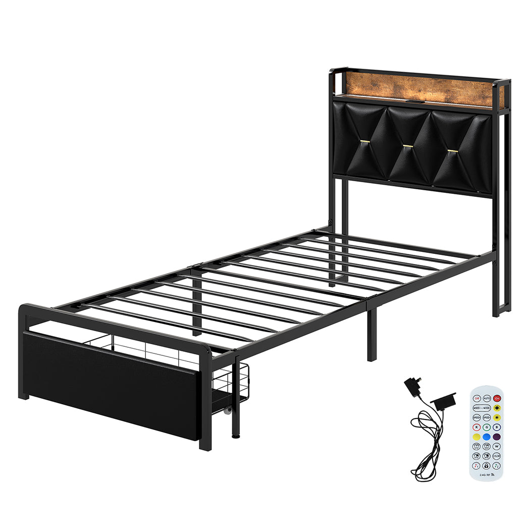 Levede Single Bed Frame Leather Headboard RGB 2 Drawers-2006732795887620096