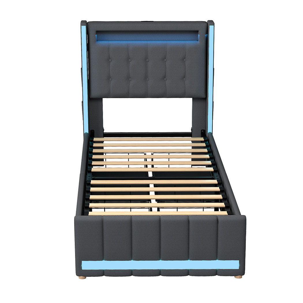 Levede Single Bed Frame Fabric Storage Drawer LED USB-2006733382138073089