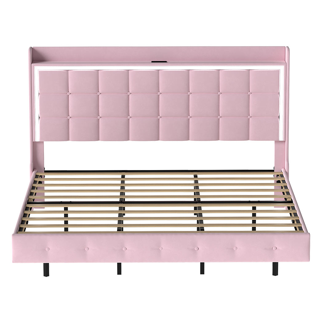 Levede King Floating Bed Frame LED Headboard USB Pink-2006732795224920065
