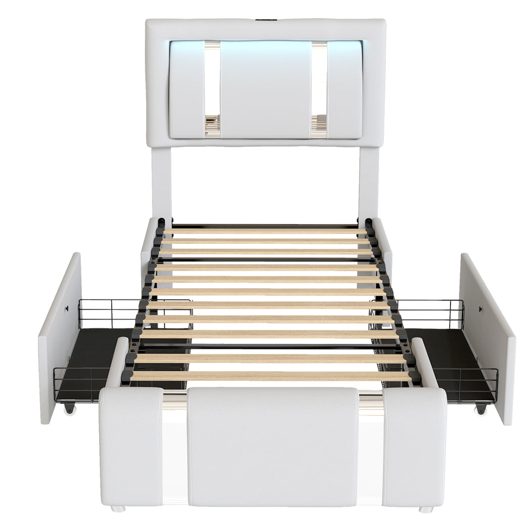 Levede Single Bed Frame Leather Headboard RGB 2 Drawers-2006732796336410625