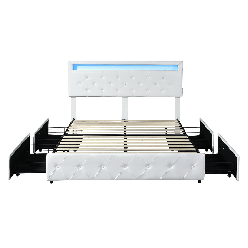 Levede Queen Bed Frame RGB LED PU 4 Drawer USB-2018816936401571841