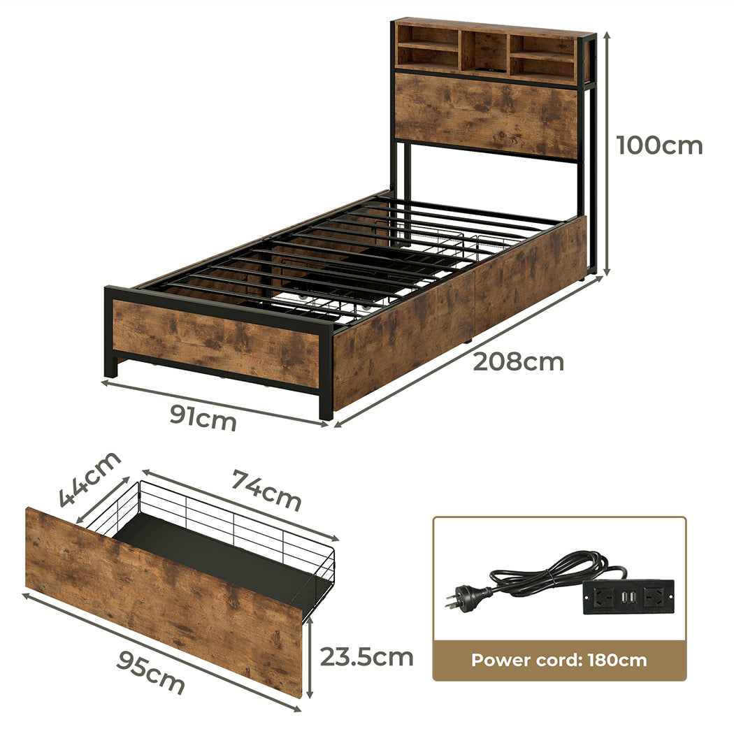 Levede Single Bed Frame Industrial Storage LED Charing-2011971104519884802