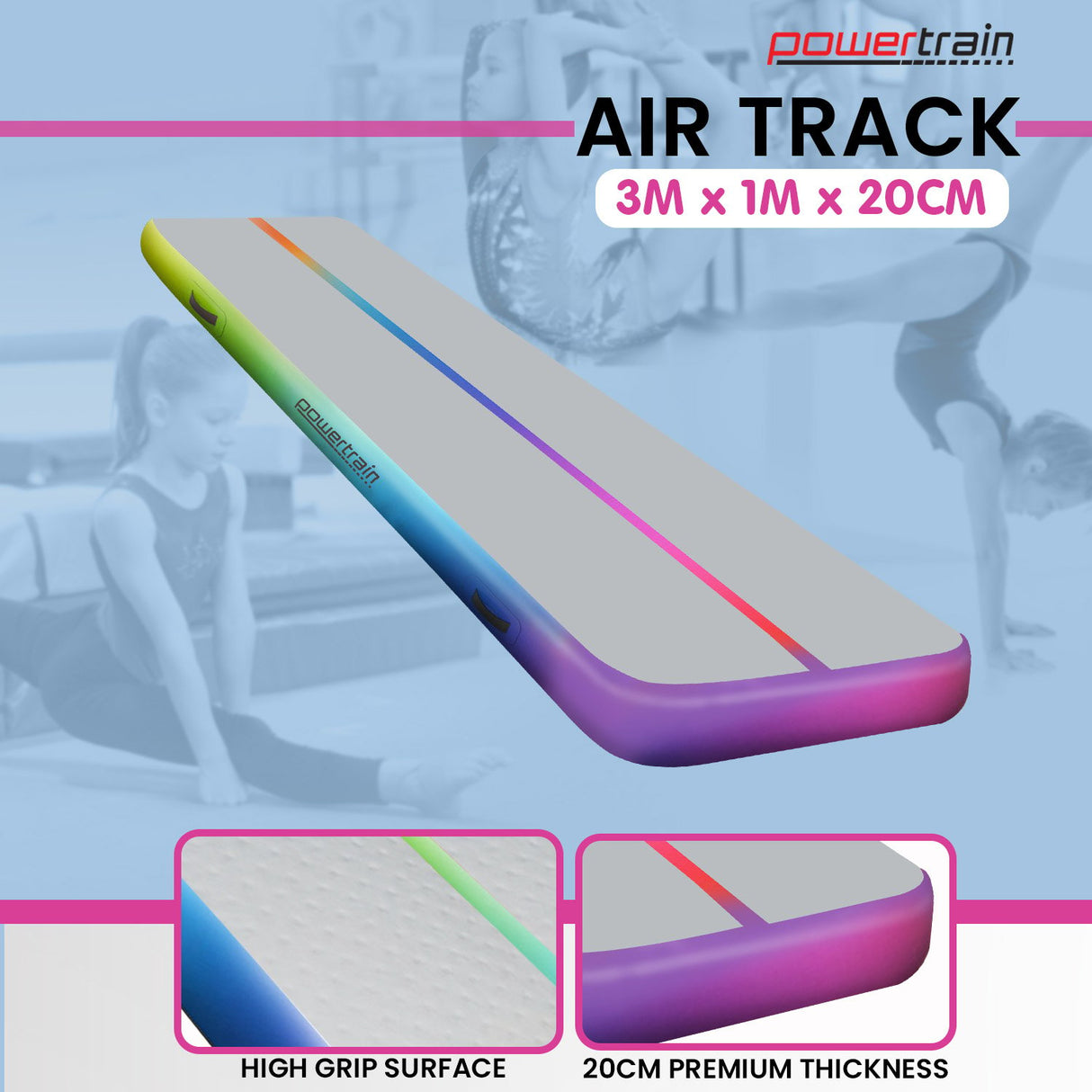 Powertrain 3m x 1m Air Track Inflatable Gymnastics Mat - Rainbow