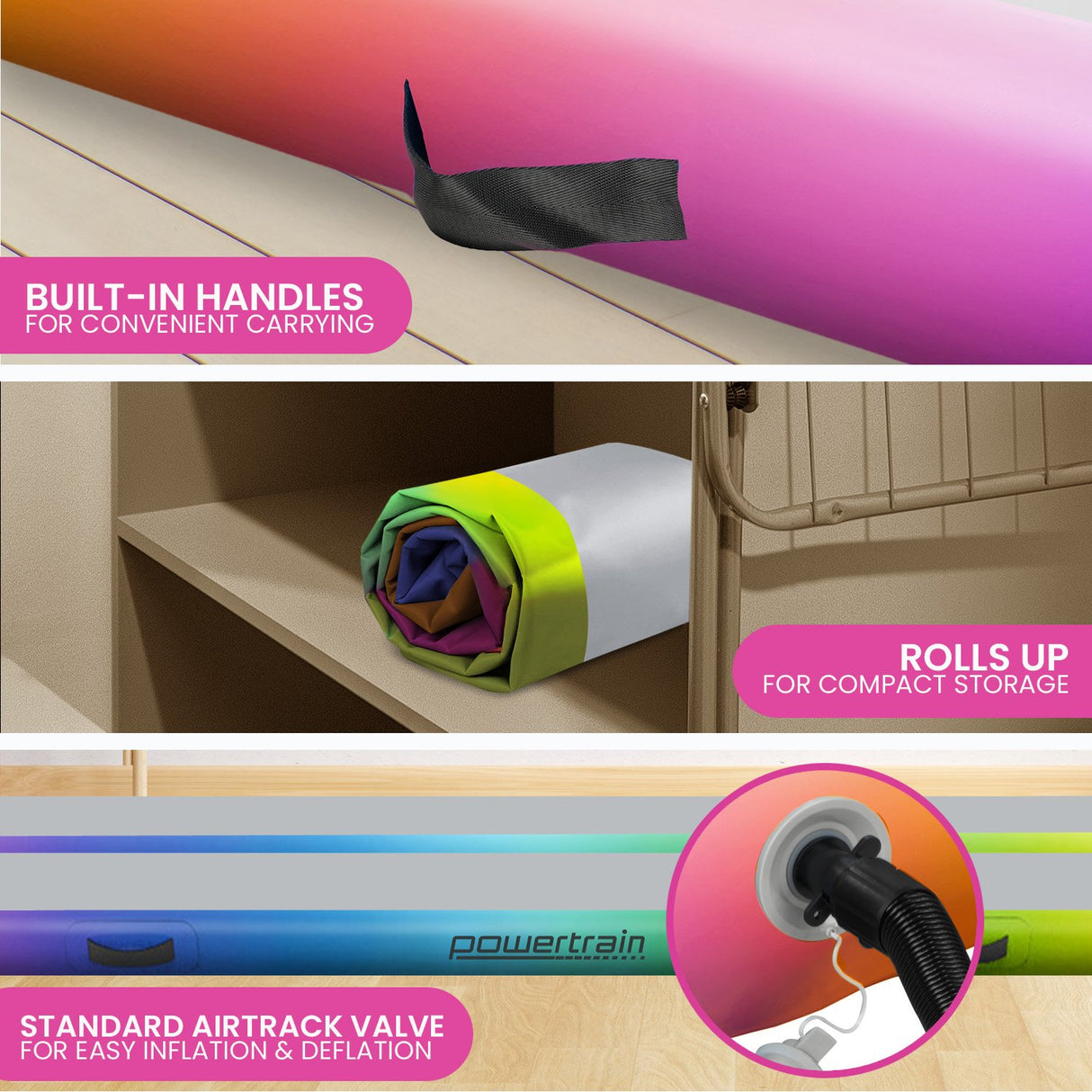 Powertrain 3m x 1m Air Track Inflatable Gymnastics Mat - Rainbow