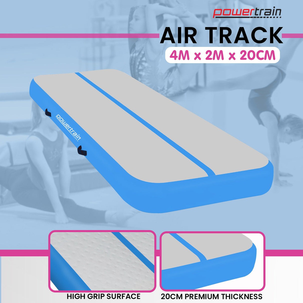 Powertrain 4m x 2m x 20cm Air Track Gymnastics Mat Tumbling Exercise - Grey Blue