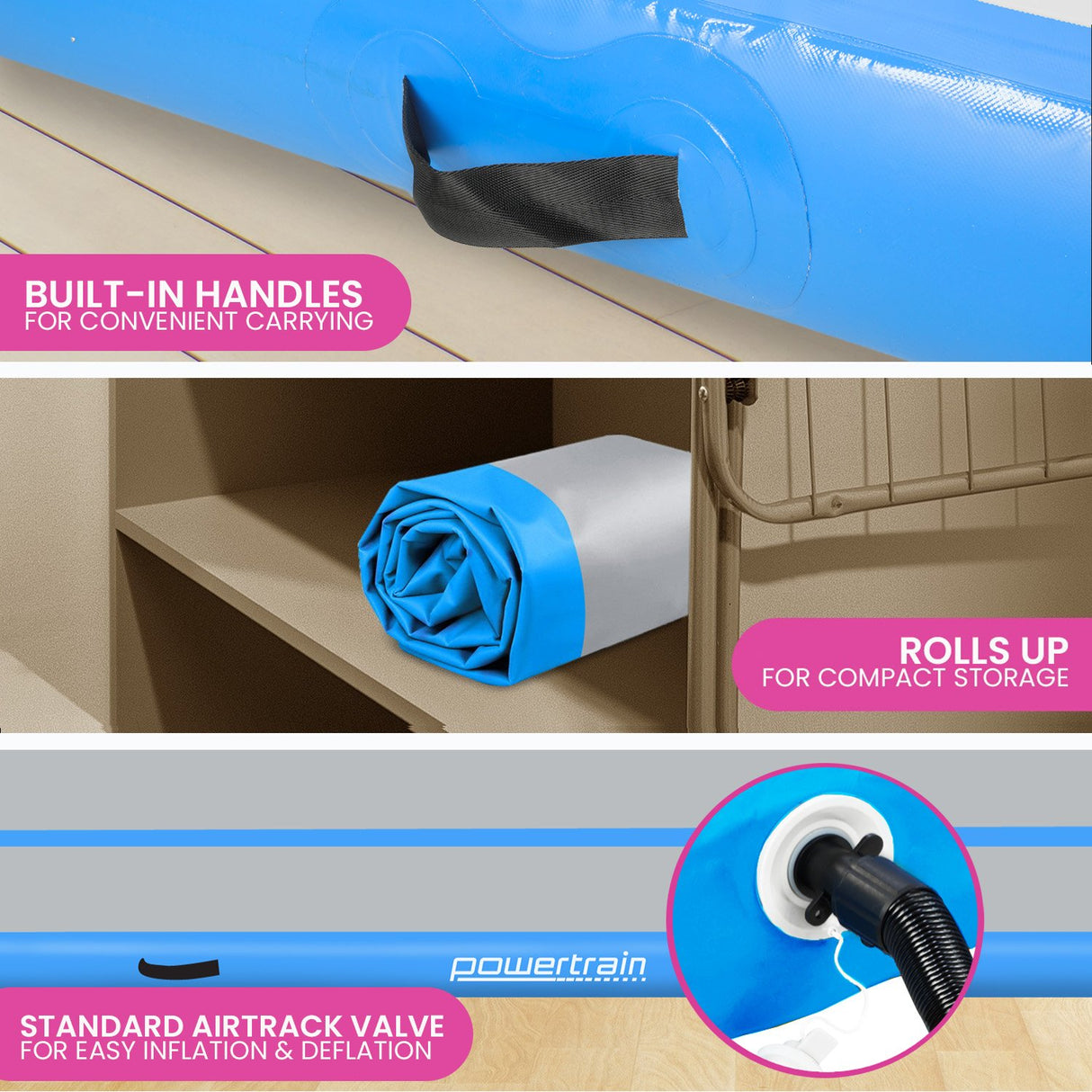 Powertrain 4m x 2m x 20cm Air Track Gymnastics Mat Tumbling Exercise - Grey Blue