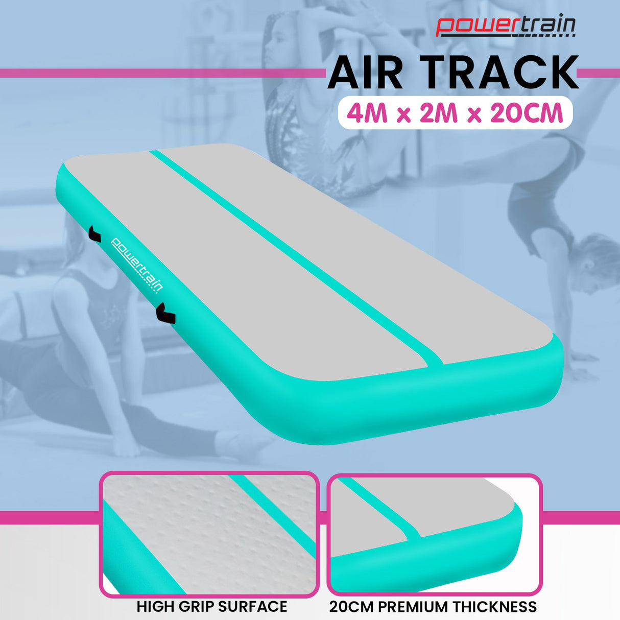 Powertrain 4m x 2m x 20cm Air Track Gymnastics Mat Tumbling Exercise - Grey Green