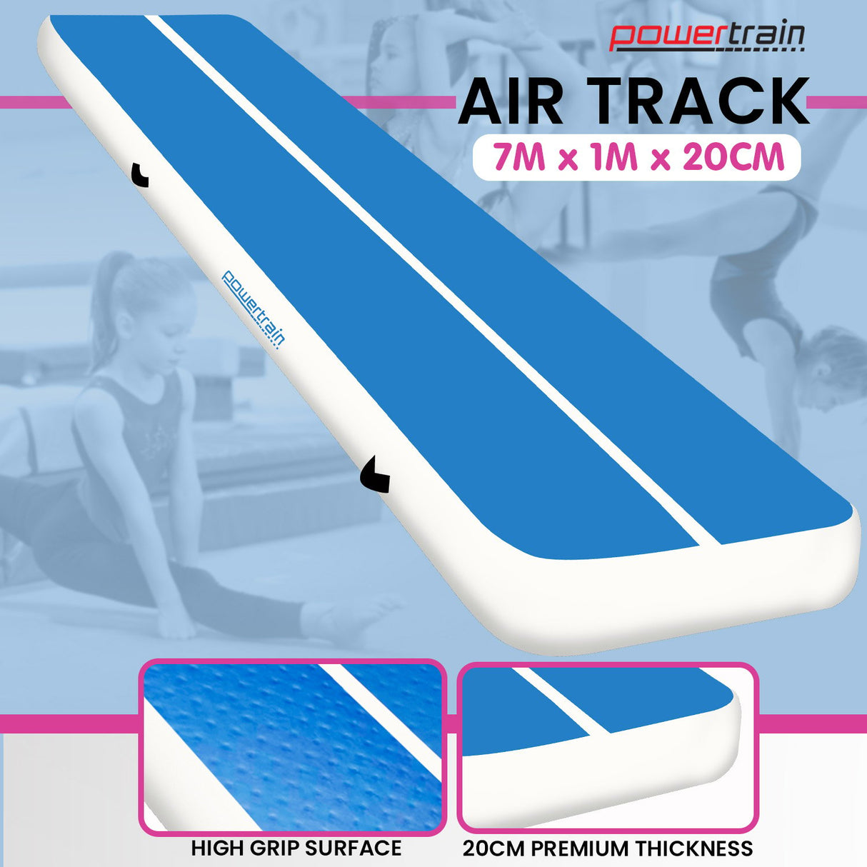 Powertrain 7m x 1m x 20cm Air Track Inflatable Tumbling Gymnastics Mat - Blue White
