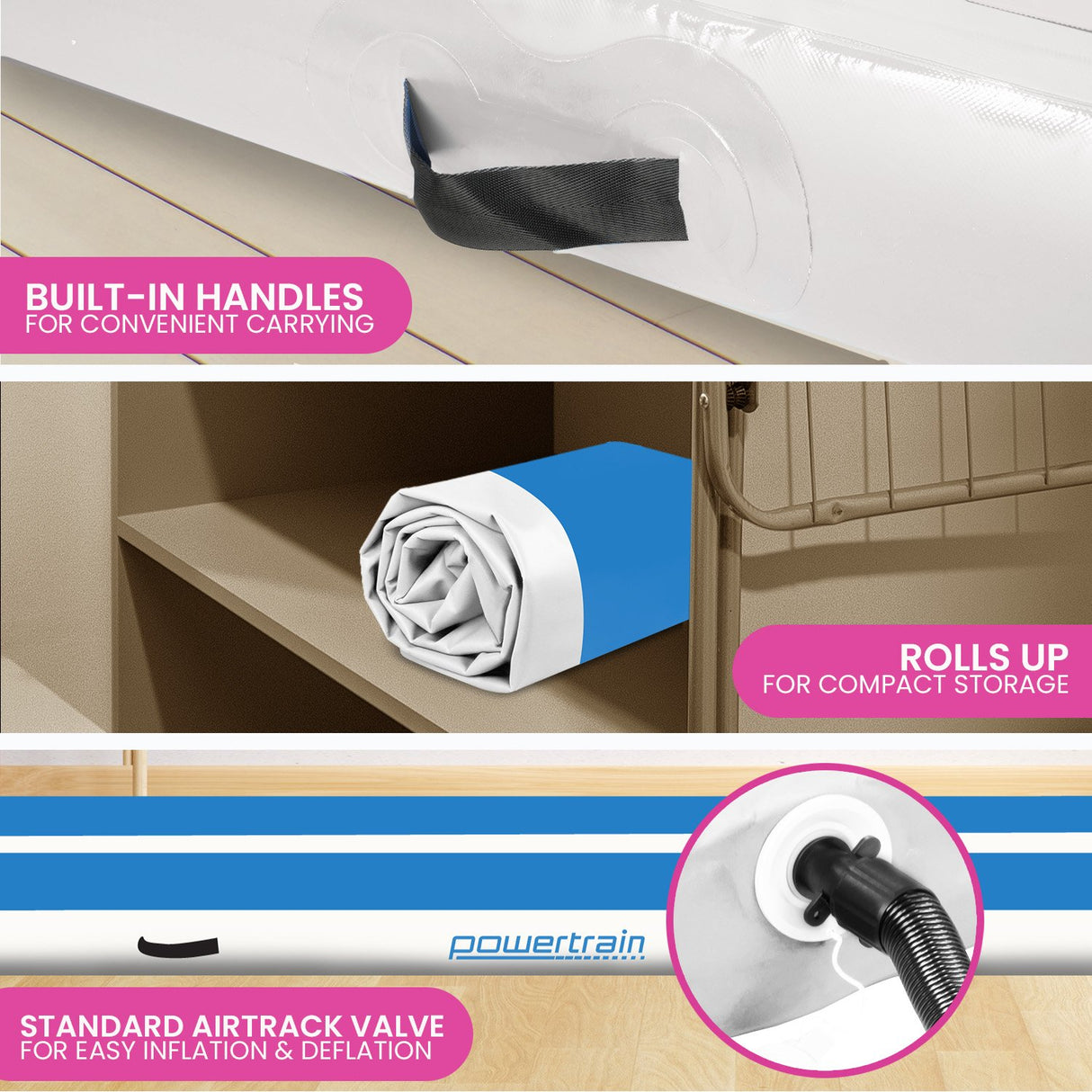 Powertrain 7m x 1m x 20cm Air Track Inflatable Tumbling Gymnastics Mat - Blue White