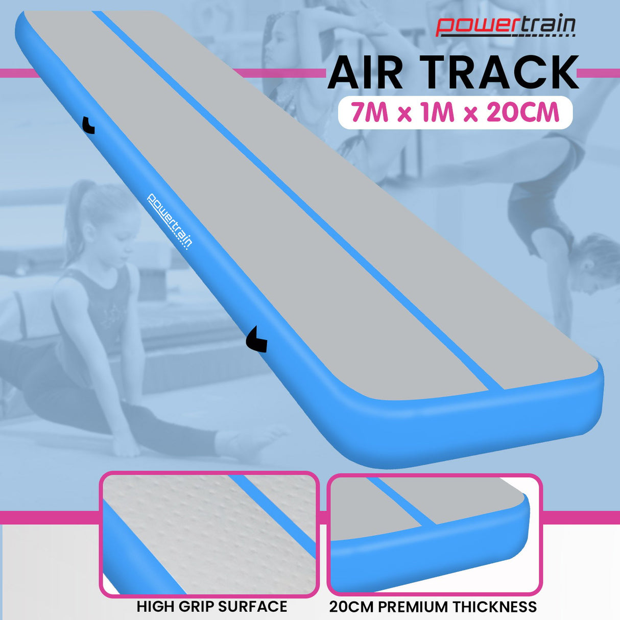 Powertrain 7m x 1m x 20cm Air Track Inflatable Gymnastics Mat Tumbling - Grey Blue