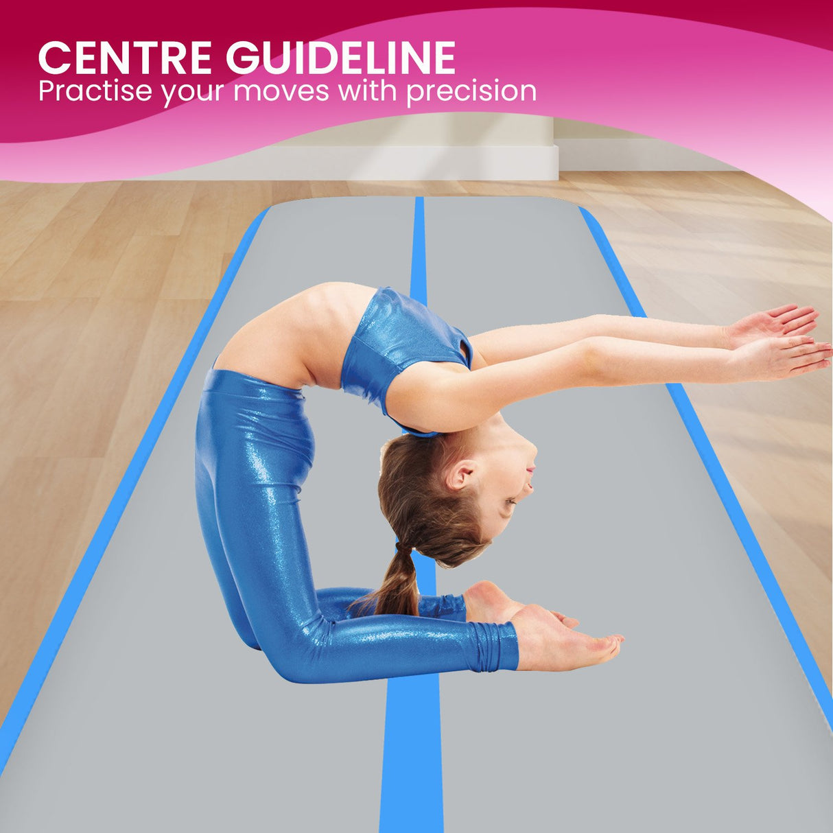 Powertrain 7m x 1m x 20cm Air Track Inflatable Gymnastics Mat Tumbling - Grey Blue
