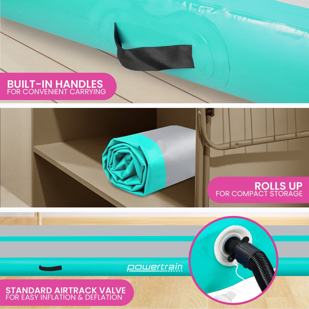Powertrain 7m x 1m x 20cm Air Track Inflatable Gymnastics Mat Tumbling - Grey Green