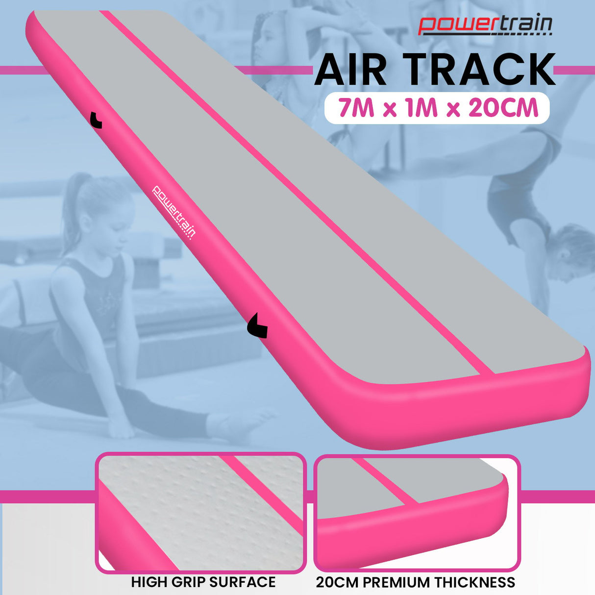 Powertrain 7m x 1m x 20cm Air Track Inflatable Gymnastics Mat Tumbling - Grey Pink