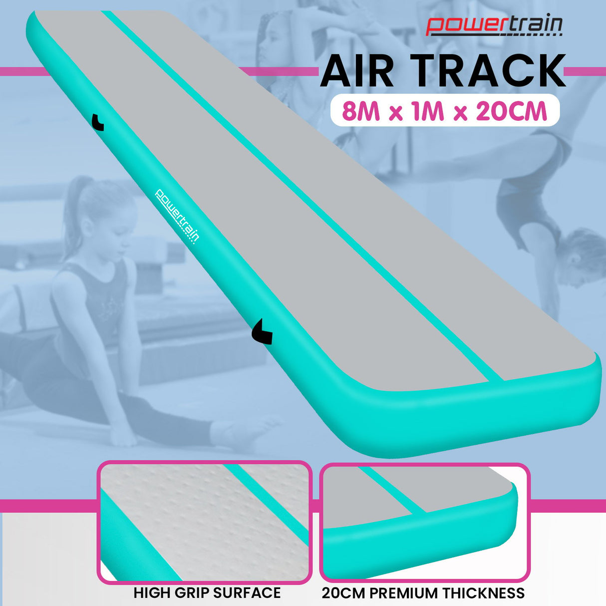 Powertrain 8m x 1m x 20cm Air Track Inflatable Gymnastics Mat Tumbling - Grey Green