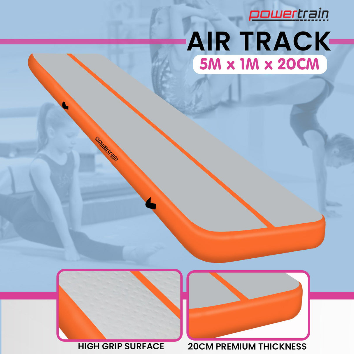 Powertrain 5m x 1m Air Track Inflatable Gymnastics Mat - Orange Grey