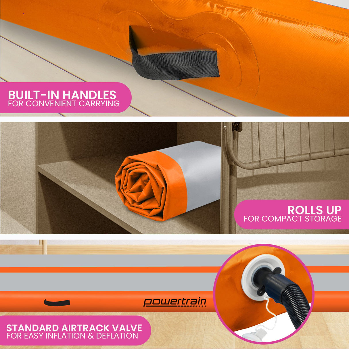 Powertrain 5m x 1m Air Track Inflatable Gymnastics Mat - Orange Grey